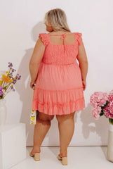 Sweetly Styled Smocked Tiered Mini Dress In Coral Curves