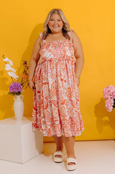 Sunset Splendor Paisley Tiered Satin Midi Dress Curves