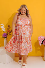 Sunset Splendor Paisley Tiered Satin Midi Dress Curves