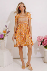 Fan Fav Smocked Floral Mini Dress in Orange