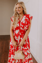 Honey And Hibiscus Floral Midi Dress in Red