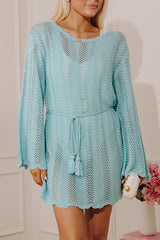 Oceanside Dreaming Pointelle Knit Mini Dress in Aqua