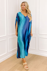 Moonlit Lagoon Satin Caftan Maxi Dress in Blue