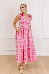 Twilight Garden Jacquard Midi Dress in Pink