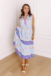 Margaritas On The Boardwalk Floral Midi Dress in Sky Blue