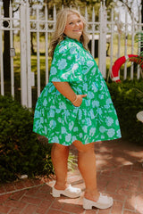 Charmed Feeling Floral Mini Dress in Green Curves