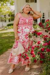 French Riviera Floral Midi Dress in Hot Pink Curves