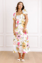 Joyful Blooms Linen-Blend Midi Dress in Pink