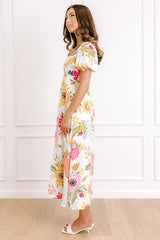 Joyful Blooms Linen-Blend Midi Dress in Pink