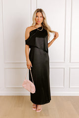 Glamour Girl Satin Midi Dress in Black