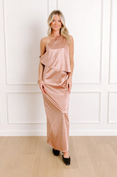 Glamour Girl Satin Midi Dress in Latte
