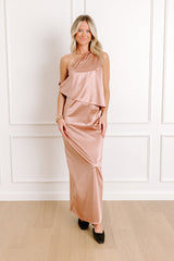 Glamour Girl Satin Midi Dress in Latte