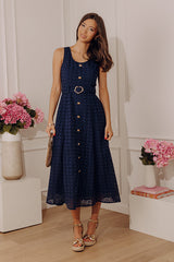 Romantic Muse Eyelet Midi Dress in Navy