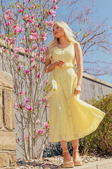 Romantic Muse Eyelet Midi Dress in Yellow
