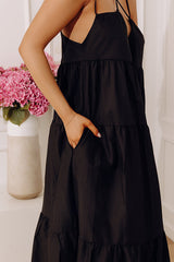 Modern Muse Poplin Tiered Maxi Dress in Black