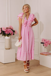 Stripe Affair Ruffle Midi Dress in Pink