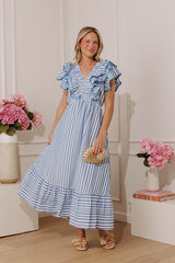 Stripe Affair Ruffle Midi Dress in Airy Blue