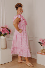 Stripe Affair Ruffle Midi Dress in Pink Curves