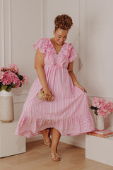 Stripe Affair Ruffle Midi Dress in Pink Curves