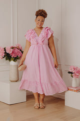 Stripe Affair Ruffle Midi Dress in Pink Curves