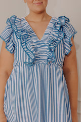 Stripe Affair Ruffle Midi Dress in Airy Blue Curves