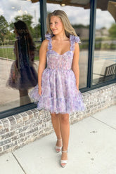 Cute A-Line Sweetheart Lavender Floral Printed Short Homecoming Dresses