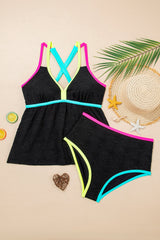 Hazel Blues® | Black Floral Textured Neon Trim V Neck Crisscross Backless Tankini Set
