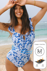 Hazel Blues® | Blue Floral Ruffled Strap Lace-up Hollow Out One Piece Swimsuit