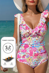 Hazel Blues® | Pink Floral Ruffle Trim V Neck Lace-up Back Tummy Control One Piece Swimsuit