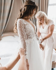Elegant A Line V Neck Tulle Wedding Dresses with Lace
