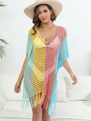 Hazel Blues® | Fringe Color Block Scoop Neck Cover Up