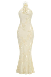 Yellow Halter 3D Flower Mermaid Dresss