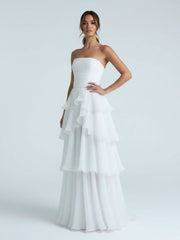 Cute A-Line Chiffon Strapless Tiered Wedding Dresses