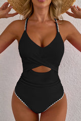 Hazel Blues® | Rose Red Ric Rac Trim Contrasted Patchwork Cutout One Piece Swimsuit