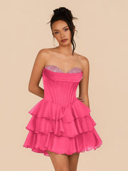 Hot Pink - Strapless A Line Ruffles Homecoming Dress With Beading