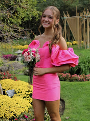 Hot Pink - Off the Shoulder Satin Tight Homecoming Dresses With Puffy Sleeves