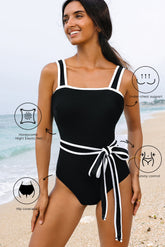 Hazel Blues® | Black Colorblock Edge Belted One Piece Swimsuit