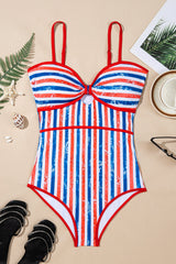 Hazel Blues® | Red July 4th Stripes Star Floral Impression Cutout Spaghetti Straps One Piece Swimsuit