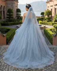 Grey Blue Tulle A-Line Sweetheart Lace-Up Back Quinceanera Dress