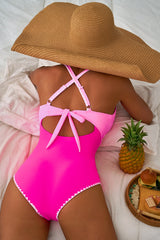 Hazel Blues® | Rose Red Ric Rac Trim Contrasted Patchwork Cutout One Piece Swimsuit