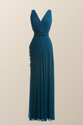 Turquoise Draped Flattering Long Party Dress