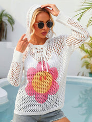 Hazel Blues® | Flower Graphic Lace-Up Openwork Hooded Cover Up