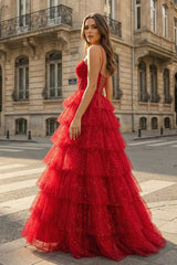 Gorgeous Sparkle Tulle Red Spaghetti Straps Ruched Prom Dress