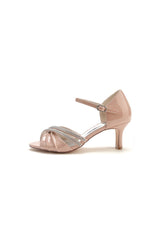 Dusty Rose Peep Toe Chunky Heels with Rhinestone