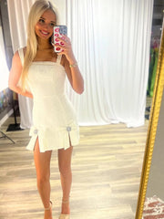 Ivory - Spaghetti Straps Beaded Sheath Homecoming Dress With Bows