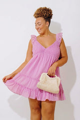Sweetly Styled Smocked Tiered Mini Dress In Dusty Purple Curves