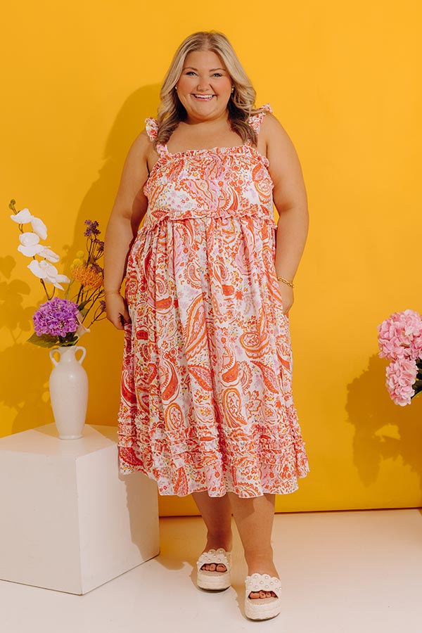 Sunset Splendor Paisley Tiered Satin Midi Dress Curves