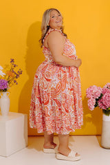 Sunset Splendor Paisley Tiered Satin Midi Dress Curves