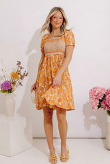 Fan Fav Smocked Floral Mini Dress in Orange