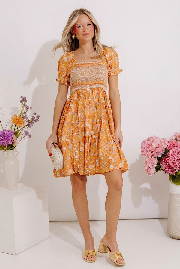 Fan Fav Smocked Floral Mini Dress in Orange